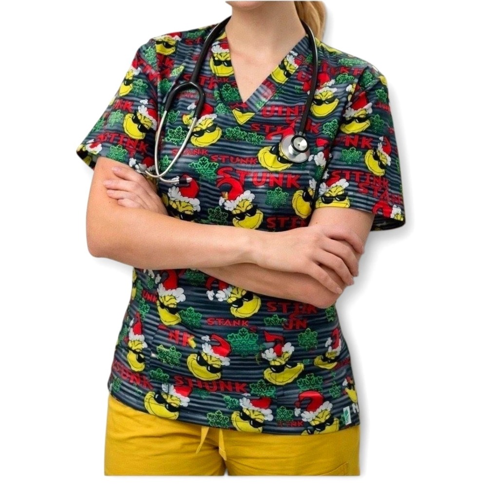 Dr. Seuss The Grinch Stink Stank Stunk Scrub Top Small Christmas